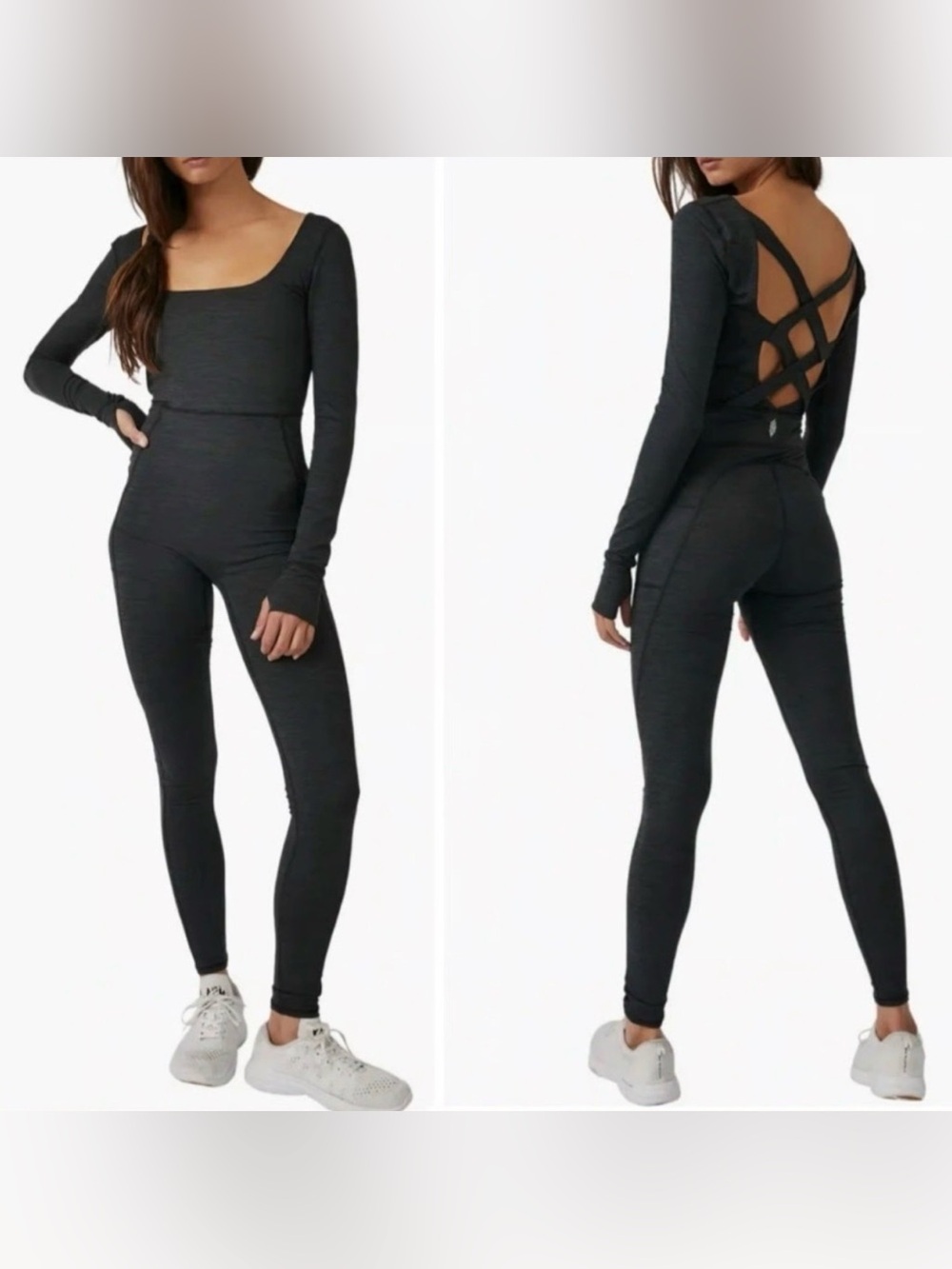 Free People Relieve long sleeve cross back jumpsuit in black/gray size L